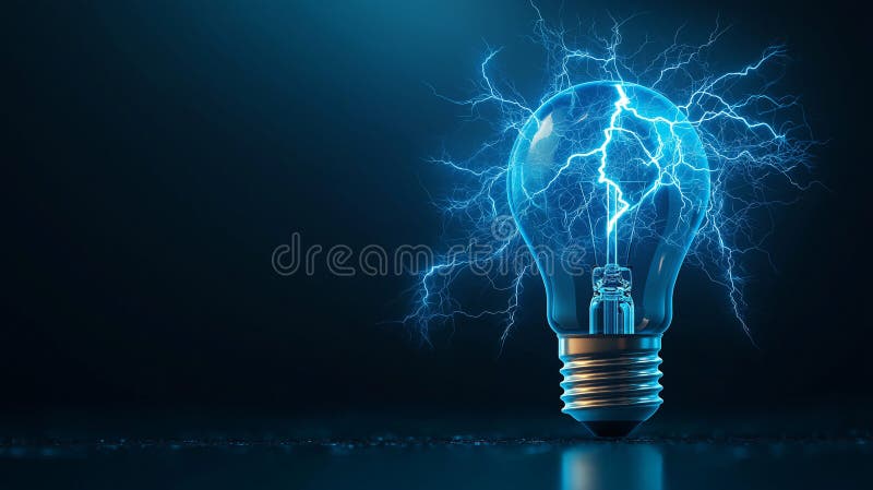 Glowing light bulb with electric lightning emanating from it, set against dark background, creates striking visual effect stock illustration