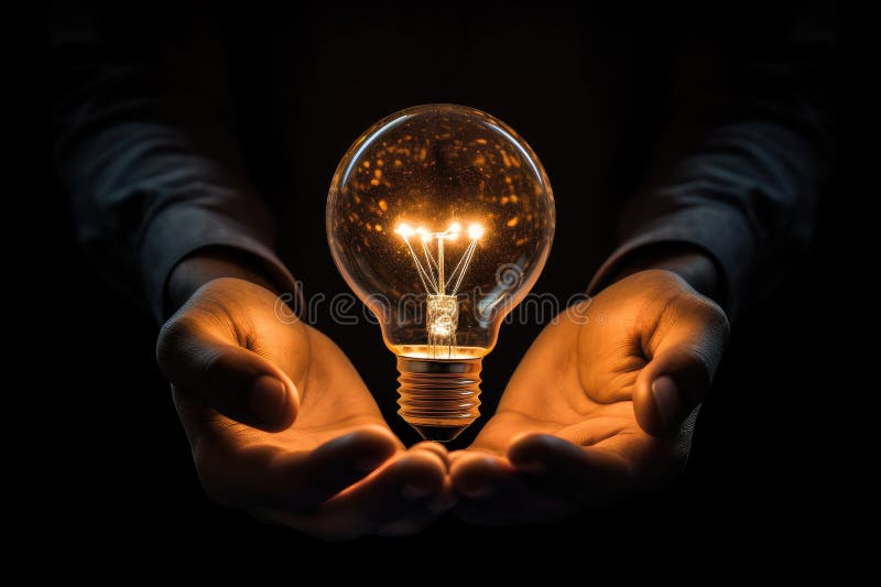 Glowing light bulb in the hands of a man on a black background, Conceptual image of lightbulb in hand against Black background, AI