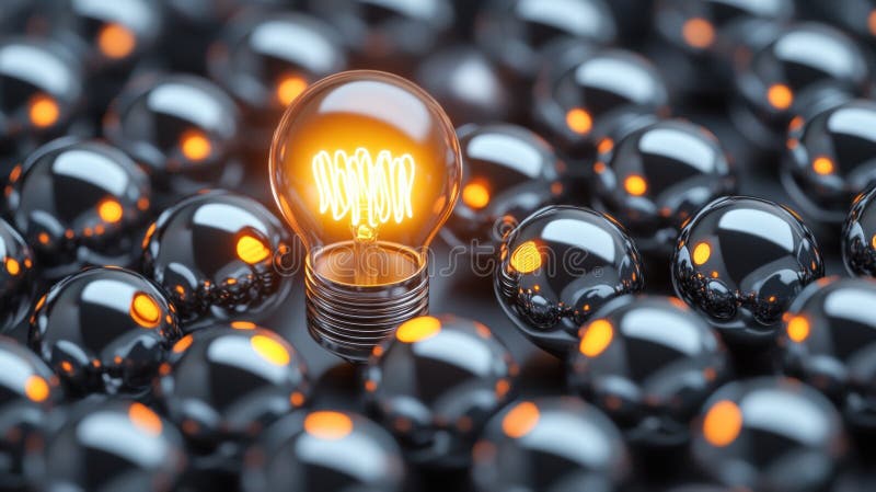 A glowing light bulb stands out among metallic spheres, symbolizing innovation, AI stock photos