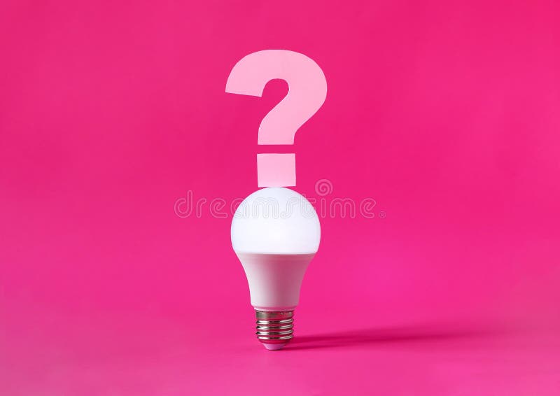 Glowing light bulb with question mark on top of it on magenta background. Question, searching for ideas concept