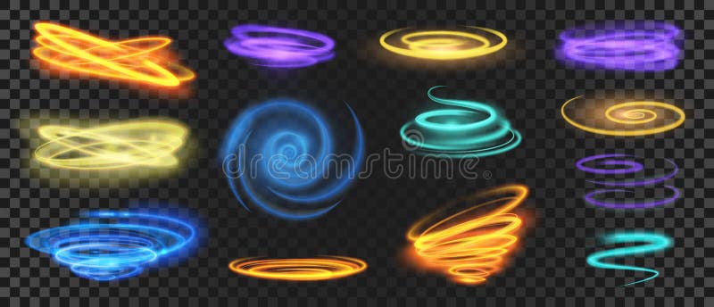 Glowing light spirals, circles, swirls and speed motion effect. Realistic shiny neon trail curves. Magic energy rings