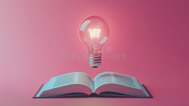 Glowing Lightbulb Above Open Book Knowledge Ideas Inspiration stock illustration