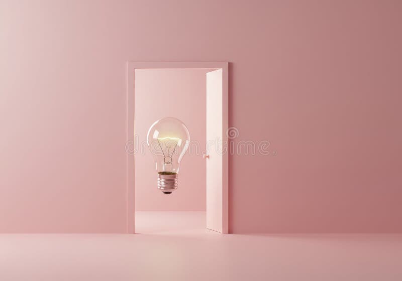 Glowing Lightbulb Floating Through an Open Doorway in Pastel Room stock illustration