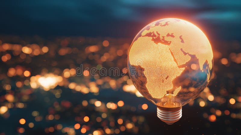 Generated AI image. Lightbulb globe featuring a glowing earth inside, suspended above a blurred cityscape at night royalty free illustration