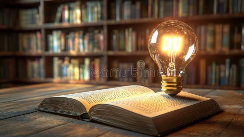 Glowing lightbulb illuminates open book, symbolizing knowledge and inspiration in cozy library setting stock illustration