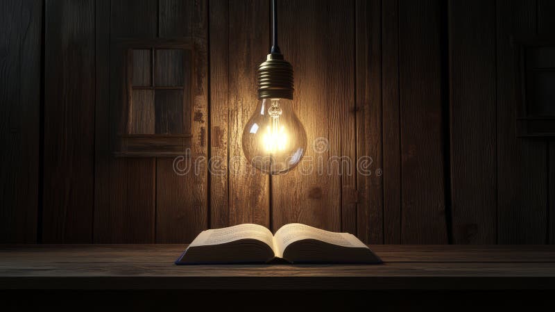 Glowing lightbulb illuminates open book on wooden table, creating warm and inviting atmosphere vector illustration