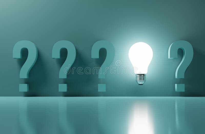 Glowing lightbulb among question mark on green background for creative thinking idea to problem solving and solution concept by 3d vector illustration