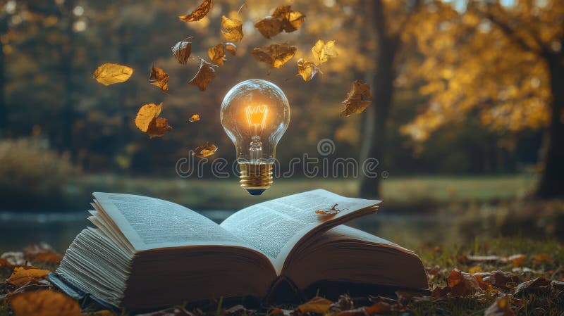 Glowing Lightbulb Rising from Open Book with Falling Autumn Leaves vector illustration