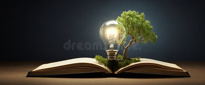 A glowing lightbulb and a small tree growing from an open book vector illustration