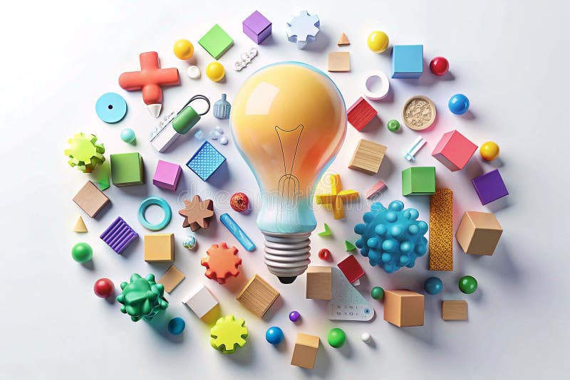 A glowing lightbulb surrounded by colorful, diverse 3D shapes on royalty free illustration