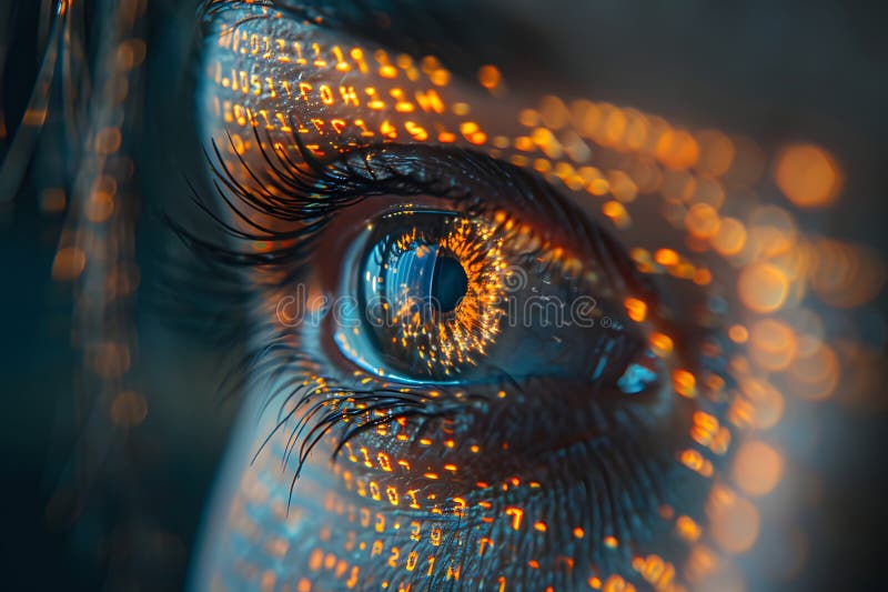 Glowing Lights Reflecting in Close-Up Eye. A close-up shot of a persons eye with glowing lights, creating a mesmerizing effect. The lights seem to be reflecting off the surface of the eye, adding a futuristic element to the image. Generative AI