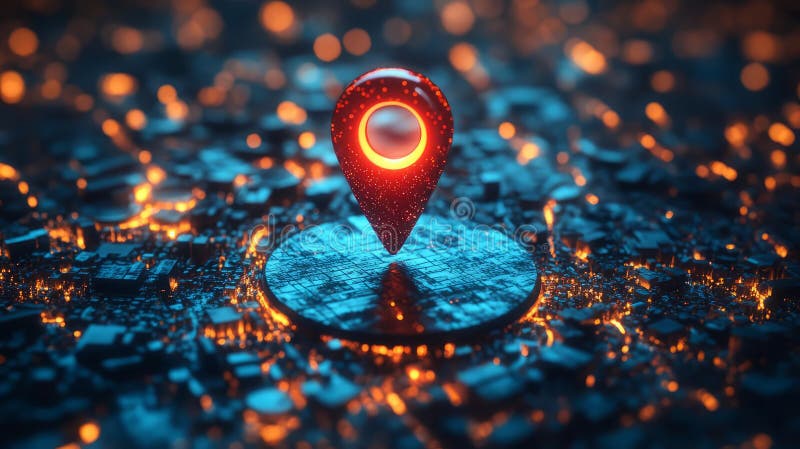 A glowing location pin over a digital cityscape at night, symbolizing navigation and connectivity royalty free illustration