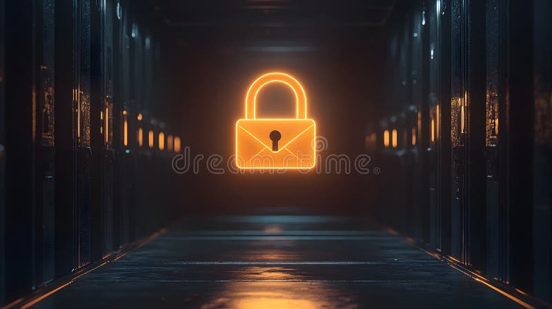 Glowing Lock Above Floating Message in Secure Environment stock illustration