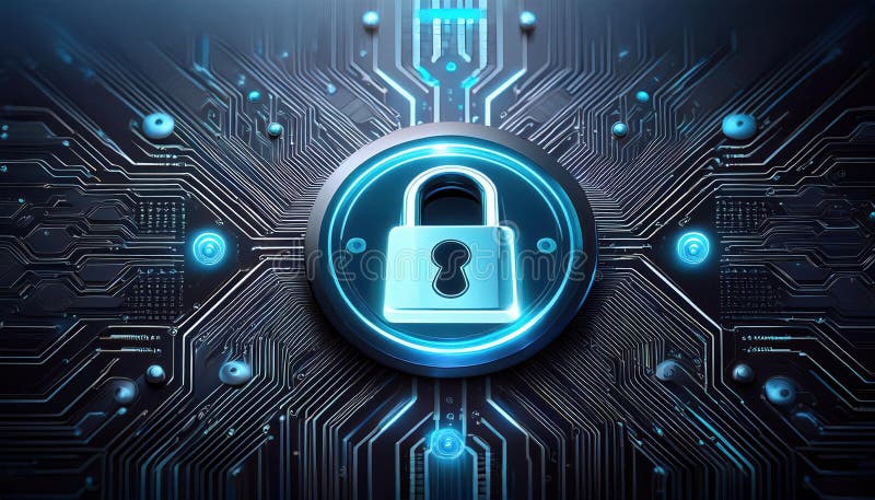 Glowing lock symbol on digital circuit board represents security and technology. intricate design highlights importance of data stock illustration