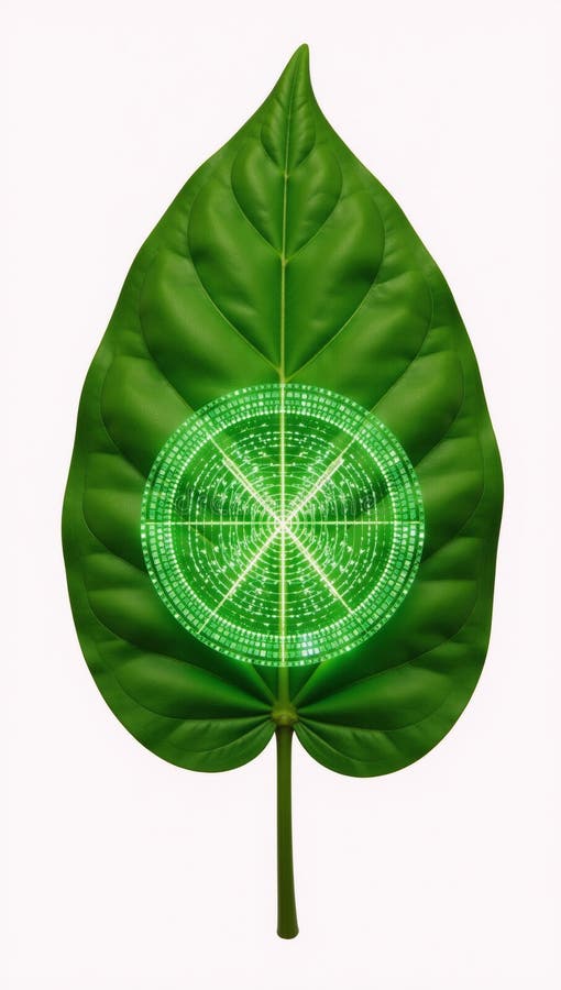 A glowing luminous tech mesh transforms a green leaf into an emblematic symbol of technological innovation in sustainable energy royalty free illustration