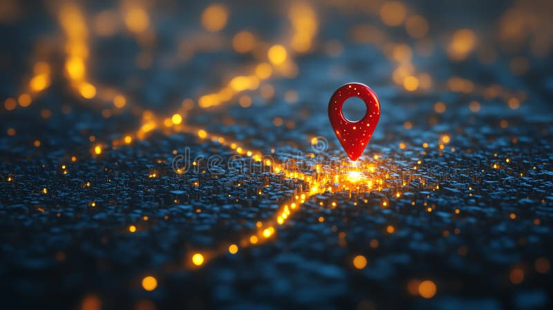 A glowing map pin on a digital road with bright lights symbolizing navigation stock illustration