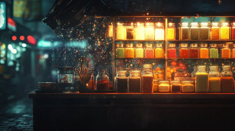 A glowing market stall selling spices in minimalist clear jars. background royalty free stock photo