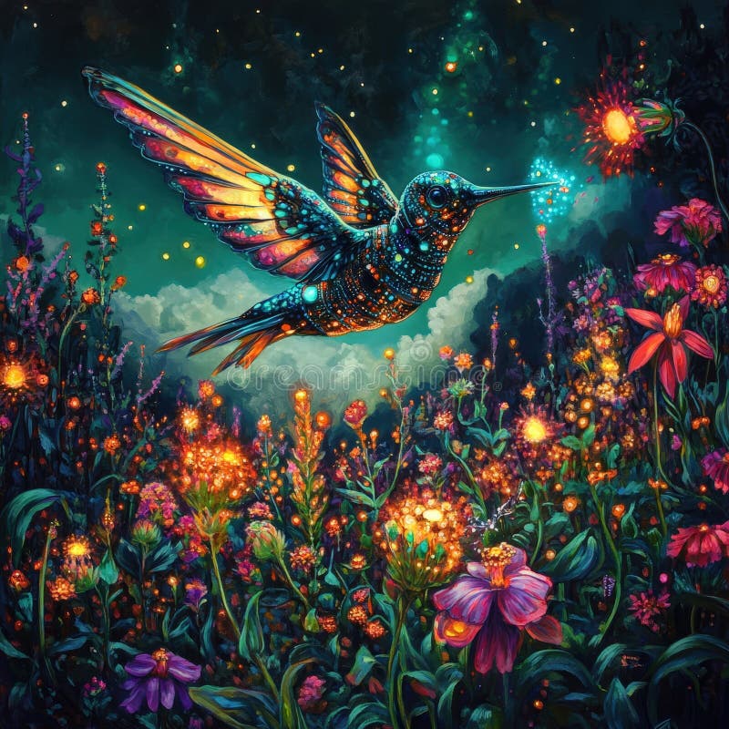 Vibrant mechanical hummingbird in magical garden stock photo