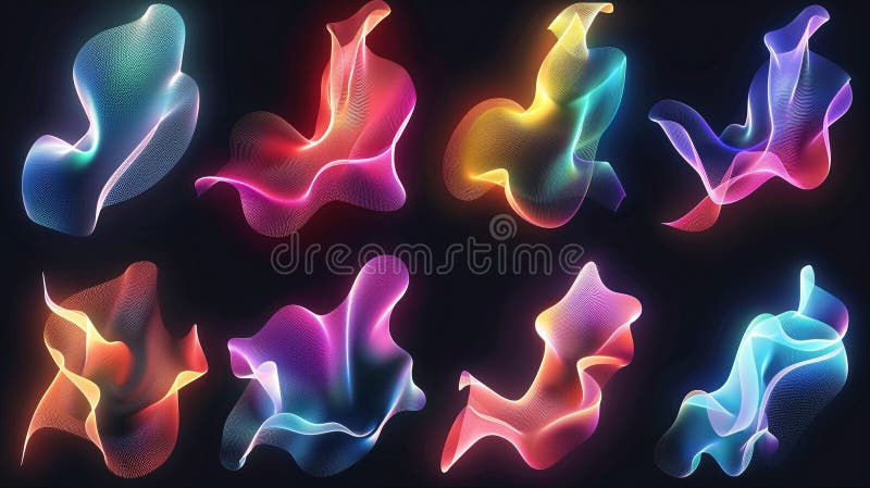 Glowing mesh abstracts set 3d rendering image, royalty free illustration.