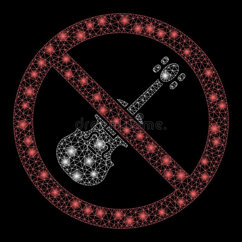 Glowing Mesh Carcass No Violin with Flare Spots. Glowing mesh no violin with glare effect. Abstract illuminated model of no violin icon. Shiny wire frame triangular mesh no violin. Vector abstraction on a black background