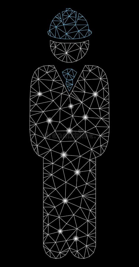 Glowing Mesh 2D Standing Engineer with Flash Spots. Glowing mesh standing engineer with lightspot effect. Abstract illuminated model of standing engineer icon. Shiny wire frame triangular mesh standing engineer.