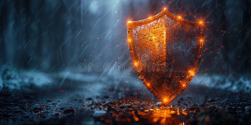 A glowing metal shield stands on a path surrounded by a forest, a dark and mysterious atmosphere with falling rain in the background. created by generative artificial intelligence. Shield artificial intelligence stock images, royalty-free photos and pictures