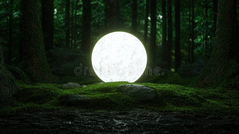 Glowing moon in enchanting forest stock illustration