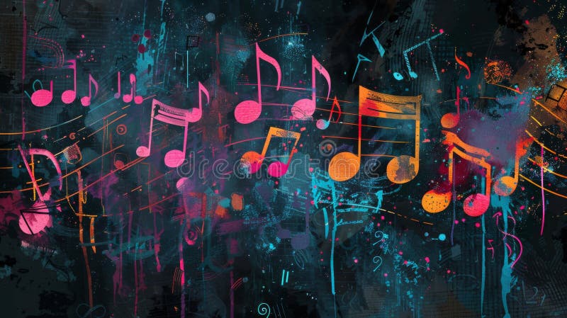 Glowing music notes, painted on grunge paint splashes royalty free illustration