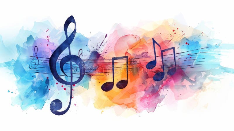 Glowing music notes, painted on grunge paint splashes stock illustration