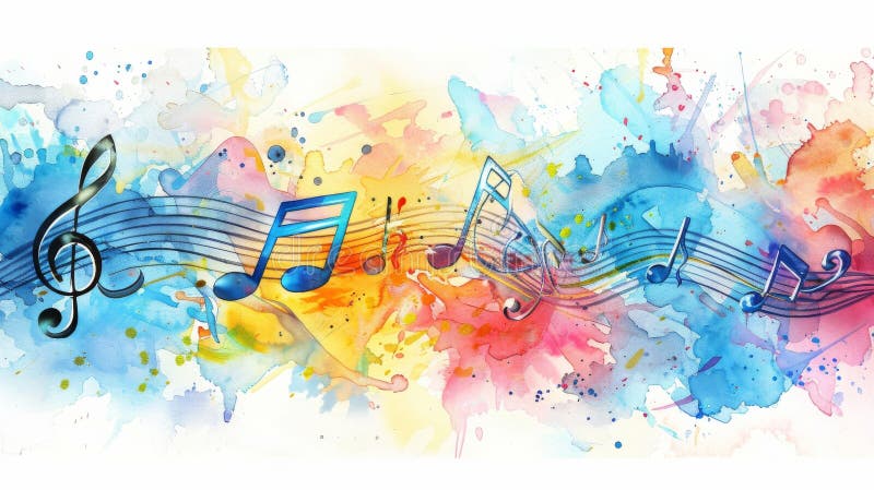 Glowing music notes, painted on grunge paint splashes stock illustration