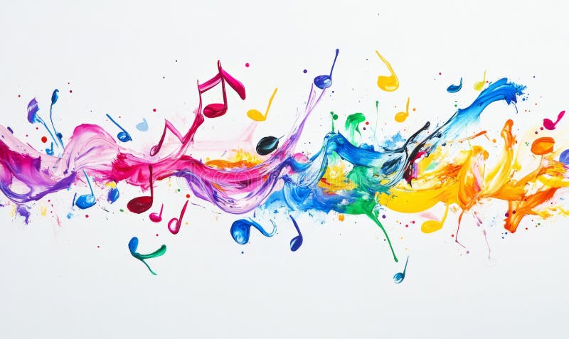 Glowing music notes, painted on grunge watercolor paint splashes royalty free illustration