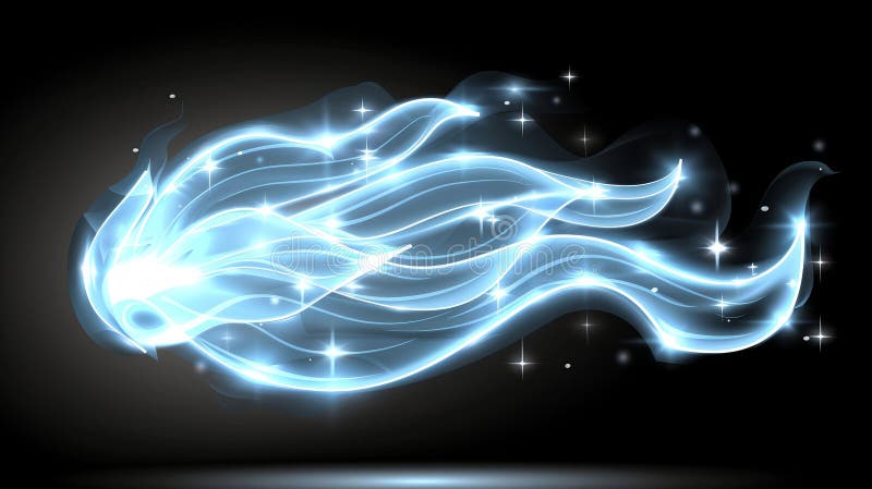 A glowing mythical creature with flowing hair glides through a dark background royalty free stock images