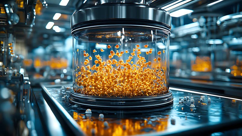 Glowing nanoparticles in laboratory setting, showcasing material science innovation and nanotechnology advancements stock illustration