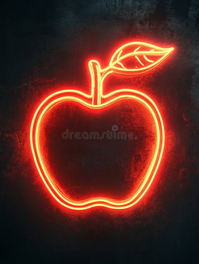 Glowing neon apple outline with leaf on a dark background. royalty free stock image
