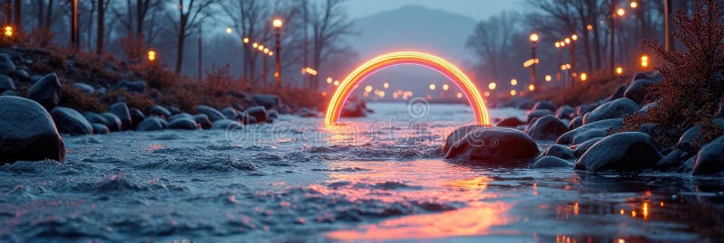 Glowing neon arch over serene stream in tranquil evening landscape royalty free stock photography
