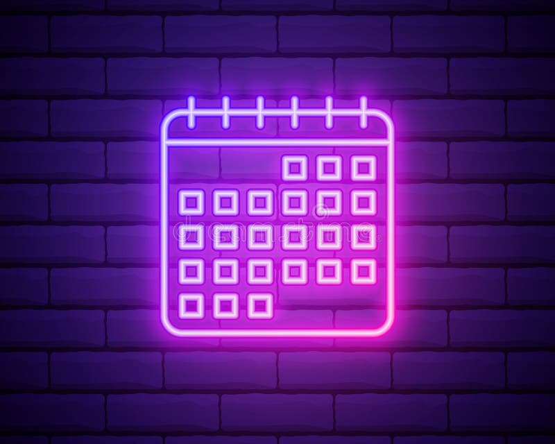 Glowing Neon Calendar Icon Isolated on Brick Wall Background. Vector