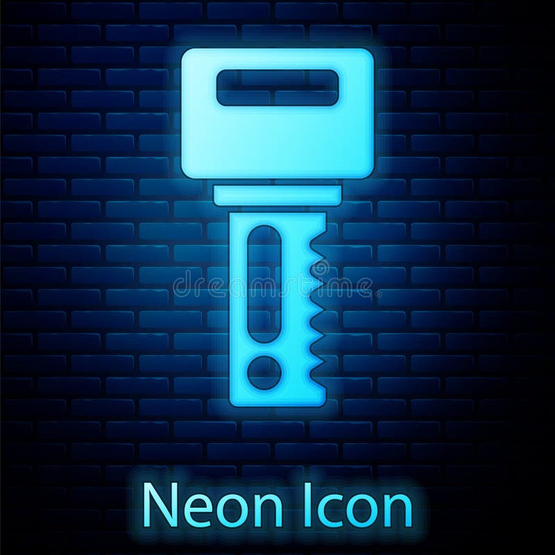Glowing Neon Car Key with Remote Icon Isolated on Brick Wall Background