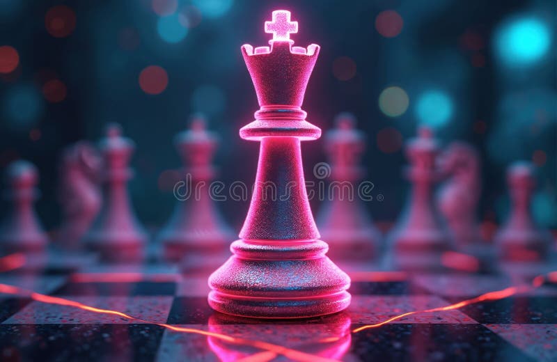 Glowing neon chess king stands on digital grid. Futuristic strategy game board with abstract pattern. Cyber, tech concept with royalty free illustration