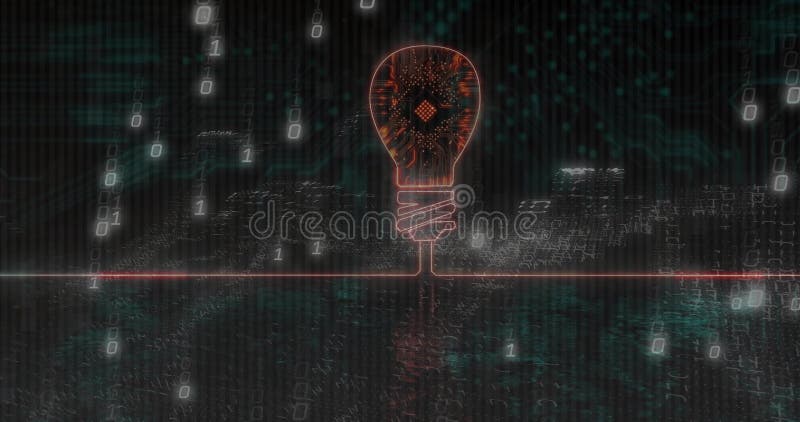 Glowing neon circuit bulb hovering within digital matrix, with microchip core and binary streams stock illustration