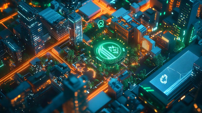 Glowing Neon Cityscape at Night Futuristic Isometric View. Abstract cityscape at night, glowing neon green and orange circuits, digital city, isometric view, futuristic technology, vibrant colors, detailed