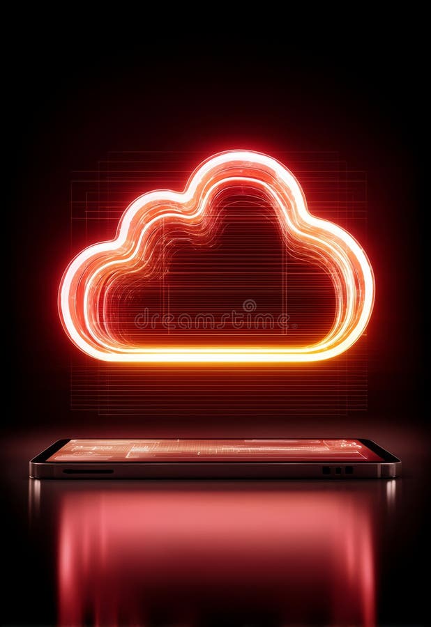 Glowing Neon Cloud Computing Concept on a Digital Tablet in Dark Background royalty free illustration