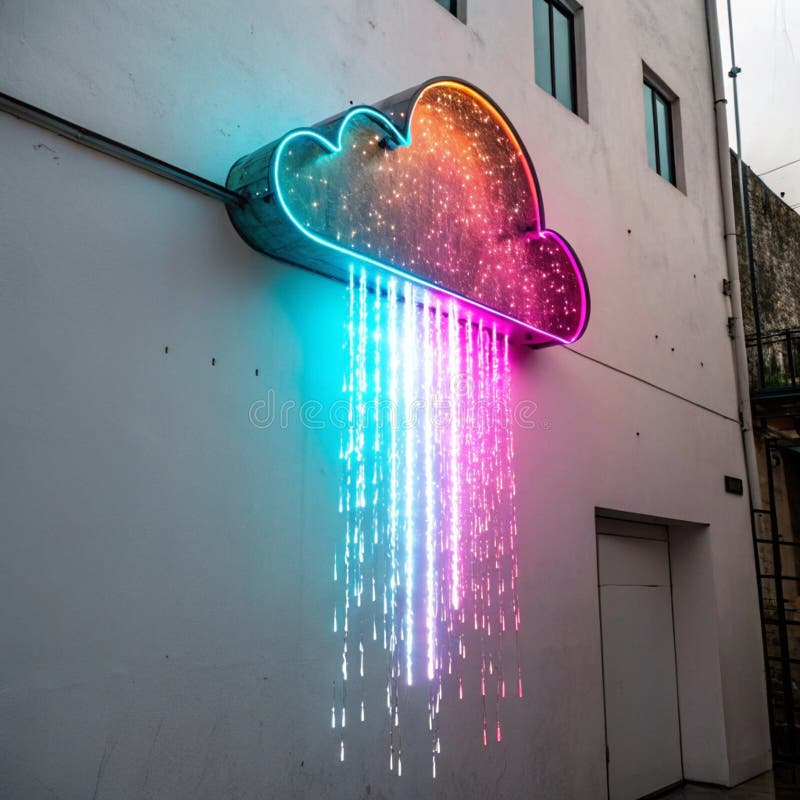 Glowing neon cloud emitting digital rain vector illustration