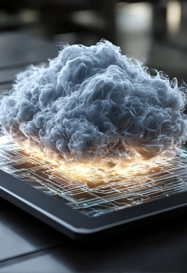Glowing Neon Cloud Icon on Tablet Display with Digital Background Effects royalty free illustration