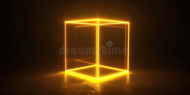 Glowing Neon Cube in Dark Environment, Illuminated Edges, Futuristic Design, 3D Render, Abstract Art, Light Reflection vector illustration