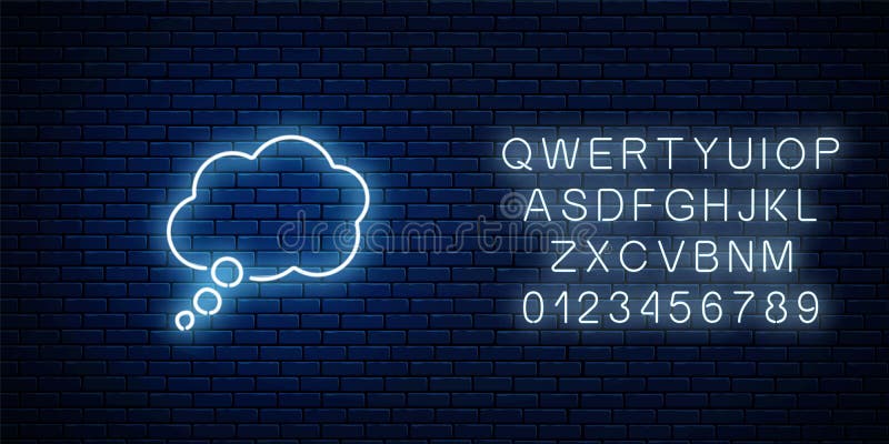 Glowing neon empty thought bubble frame with alphabet. Cloud blank speech bubble in neon style royalty free illustration