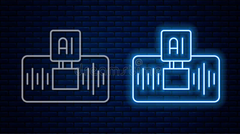 Glowing neon line Artificial intelligence AI icon isolated on brick wall background. Machine learning, cloud computing royalty free illustration