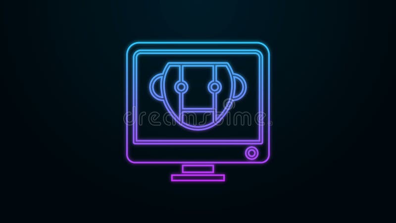 Glowing neon line Bot icon isolated on black background. Computer monitor and robot icon. 4K Video motion graphic vector illustration