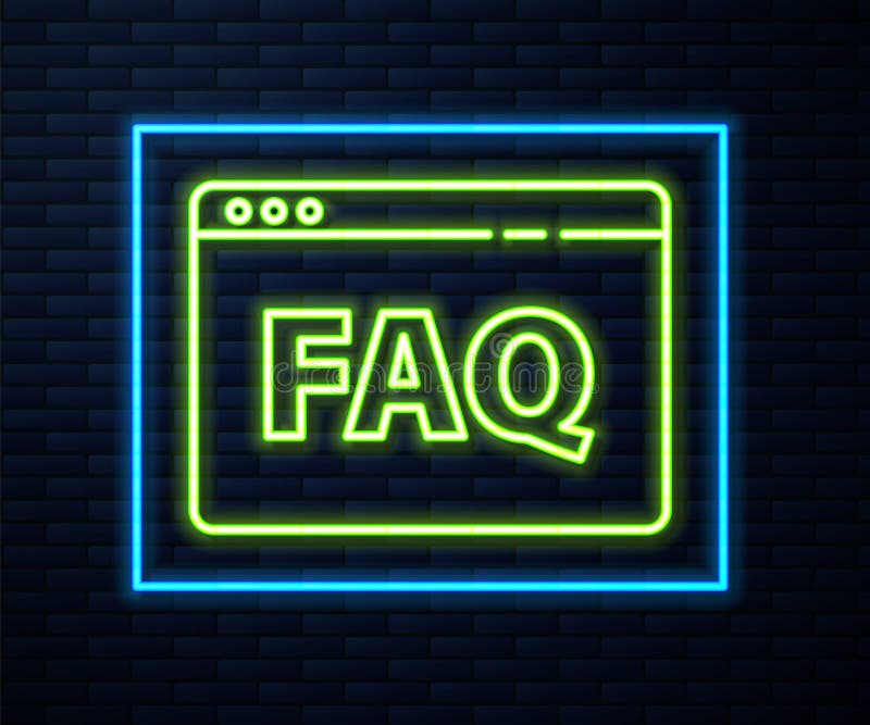 Glowing neon line Browser FAQ icon isolated on brick wall background. Internet communication protocol. Vector vector illustration