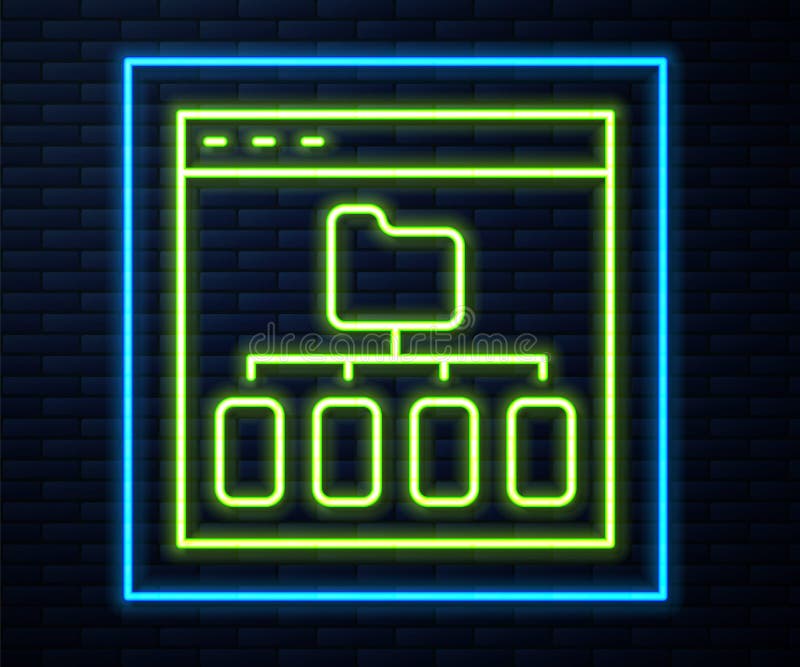 Glowing neon line Browser files icon isolated on brick wall background. Vector stock illustration
