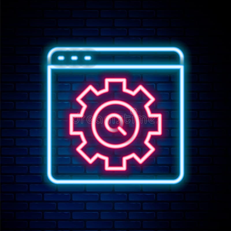 Glowing neon line Browser setting icon isolated on brick wall background. Adjusting, service, maintenance, repair vector illustration
